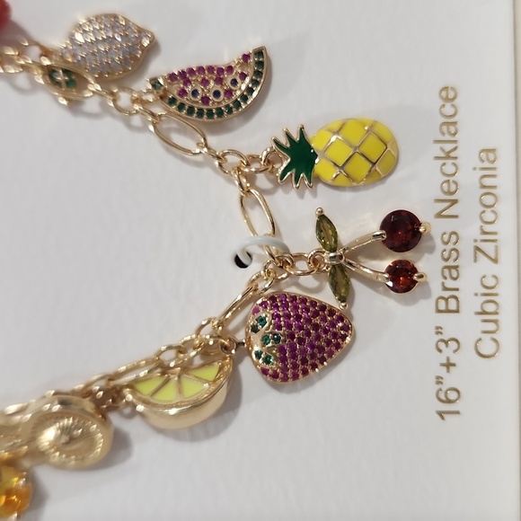 🍒🔹️ Persimmon🔹️ Gold Tone Charm 16" Necklace with Colorful Fruit Accents - Picture 5 of 7